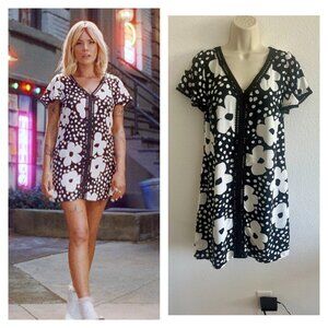 Modcloth Sz S Black White Polka Dot Floral Shift Dress Eyelet Flutter Sleeve Mod